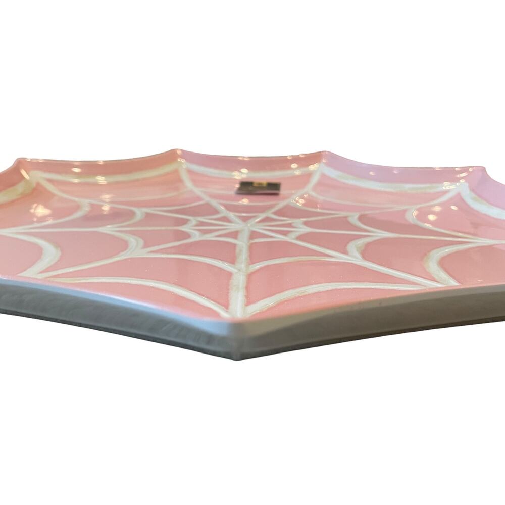 SPOOKY NIGHT Large Melamine Spider's Web Serving Tray 16in Pink & White BOO New - Picture 4 of 14